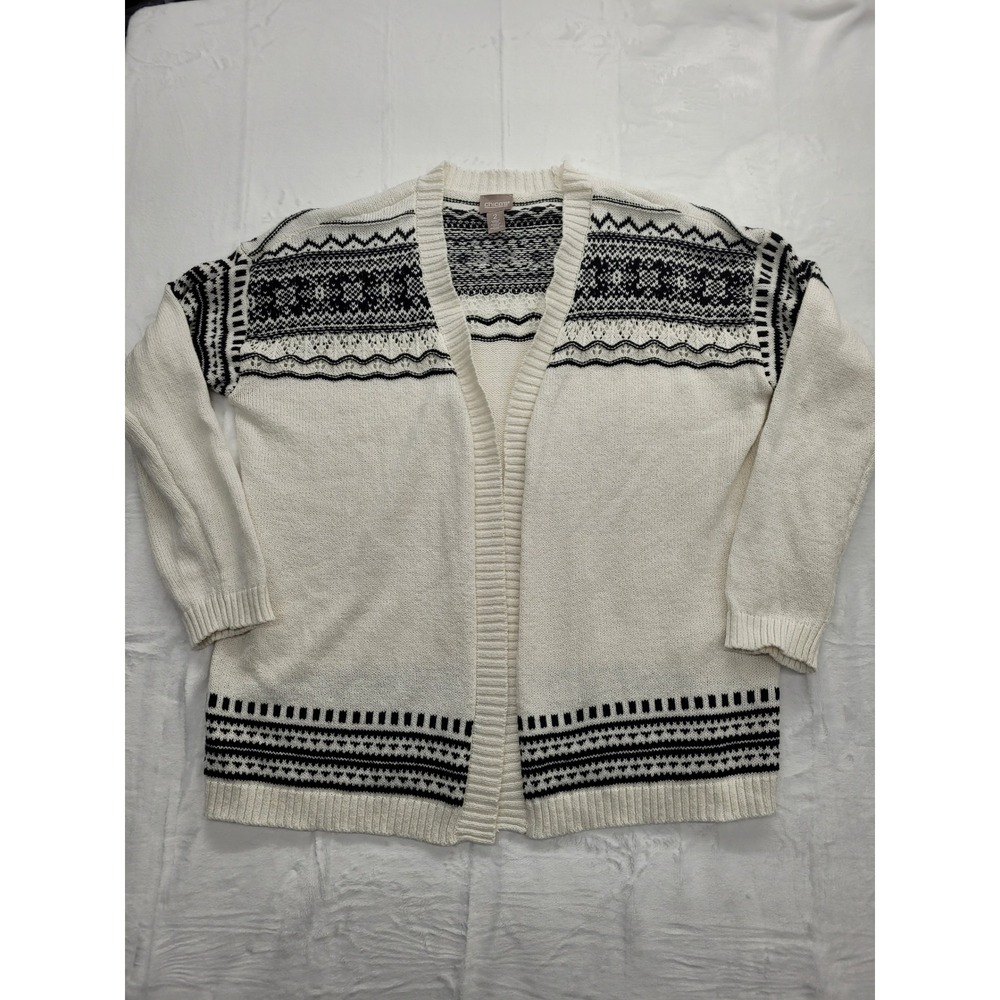 Chico's Cardigan Women Size Large White Black Open Front Fair Isle Pointelle - Picture 1 of 8
